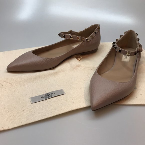 NIB Authentic Valentino Garavani Rockstud Ankle Strap Pebbled Leather Flat - Picture 5 of 7